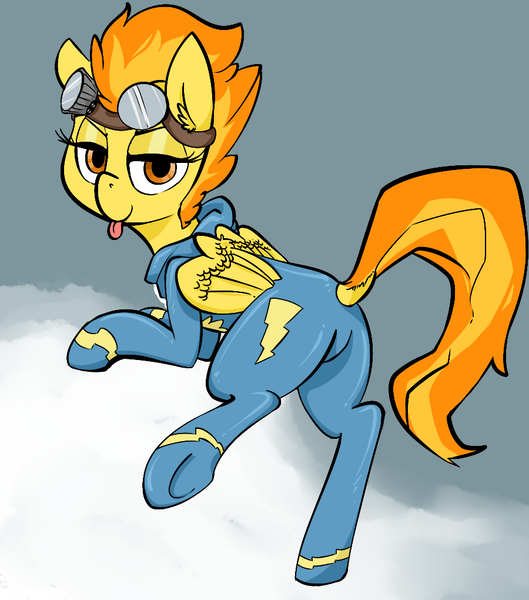 Size: 900x1020 | Tagged: suggestive, artist:whydomenhavenipples, derpibooru import, spitfire, pegasus, pony, butt, clothes, cloud, cloudy, dock, explicit source, featureless crotch, female, goggles, image, looking at you, looking back, looking back at you, mare, plot, png, presenting, solo, stupid sexy spitfire, tongue out, uniform, wonderbolts uniform