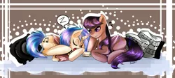Size: 1280x573 | Tagged: safe, artist:aaynra, derpibooru import, octavia melody, vinyl scratch, female, lesbian, morning ponies, pillow, prone, scratchtavia, shipping, sleeping, smiling, teacup