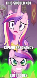 Size: 490x1026 | Tagged: a canterlot wedding, cropped, decadence, derpibooru import, edit, edited screencap, evil, evil grin, expand dong, exploitable meme, forced meme, green fire, image macro, meme, messy mane, no this does not expand dong, princess cadance, safe, screencap, solo