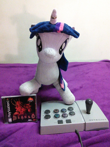 Size: 1944x2592 | Tagged: arcade stick, artist needed, blanket, derpibooru import, diablo, diablo 1, diablo i, horn ring, irl, jin, photo, playstation, plushie, safe, twilight sparkle