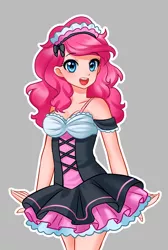 Size: 700x1041 | Tagged: adorasexy, artist:racoonsan, bare shoulders, cleavage, clothes, cute, dead source, derpibooru import, diapinkes, dress, female, gray background, human, humanized, maid, maid headdress, open mouth, pinkie pie, safe, sexy, simple background, smiling, solo