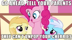 Size: 610x343 | Tagged: semi-grimdark, suggestive, derpibooru import, edit, edited screencap, screencap, bloo, noi, pinkie pie, earth pony, pony, unicorn, a friend in deed, caption, female, image macro, implied foalcon, implied rape, mare, meme, rape joke, rapie pie, sad