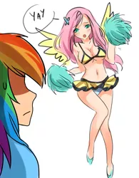 Size: 1251x1600 | Tagged: adorasexy, artist:racoonsan, belly button, big breasts, bikini top, breasts, busty fluttershy, cheerleader, cleavage, clothes, cute, derpibooru import, female, female focus, females only, fluttershy, flutteryay, human, humanized, midriff, miniskirt, panties, pom pom, rainbow dash, scene interpretation, sexy, shyabetes, skirt, sleeveless, solo focus, sonic rainboom (episode), suggestive, underboob, underwear, upskirt, white underwear, winged humanization, yay