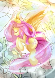 Size: 1024x1446 | Tagged: artist:aaynra, derpibooru import, eyes closed, fluttershy, safe, solo, stained glass