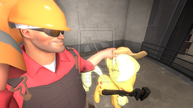 Size: 1024x576 | Tagged: 3d, applejack, crossover, derpibooru import, engiejack, engineer, eyes closed, mouth hold, petting, safe, smiling, source filmmaker, team fortress 2