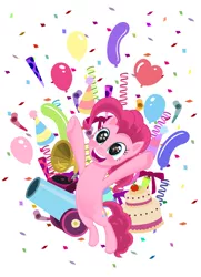 Size: 1364x1888 | Tagged: safe, artist:dannylim86, derpibooru import, pinkie pie, balloon, bipedal, cake, confetti, food, open mouth, party cannon, party horn, phonograph, simple background, solo, starry eyes, white background, wingding eyes