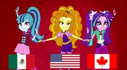 Size: 1280x714 | Tagged: safe, derpibooru import, edit, screencap, adagio dazzle, aria blaze, sonata dusk, equestria girls, rainbow rocks, canada, eqg flag-tag meme, flag, mexico, nafta, north america, the dazzlings, unfortunate implications, united states