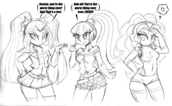 Size: 2000x1232 | Tagged: safe, artist:danmakuman, derpibooru import, adagio dazzle, aria blaze, sonata dusk, equestria girls, alternate costumes, argument, clothes, dialogue, jacket, miniskirt, monochrome, pigtails, ponytail, skirt, traditional art, twintails, zettai ryouiki