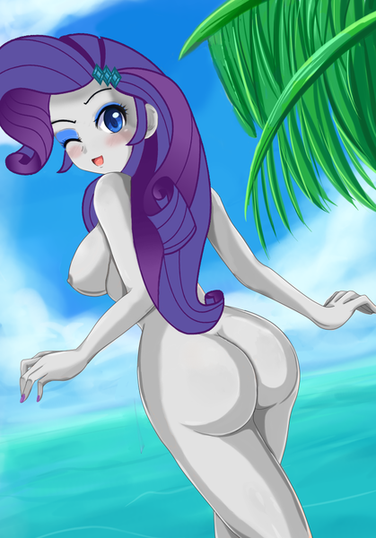 Size: 816x1169 | Tagged: questionable, artist:rammbrony, artist:sigurd hosenfeld, derpibooru import, edit, edited edit, rarity, equestria girls, ass, beach, blushing, breasts, busty rarity, butt, female, humanized, nail polish, nipples, nudity, rearity, sexy, sideboob, solo, solo female, stupid sexy rarity, the ass was fat, trace, wink