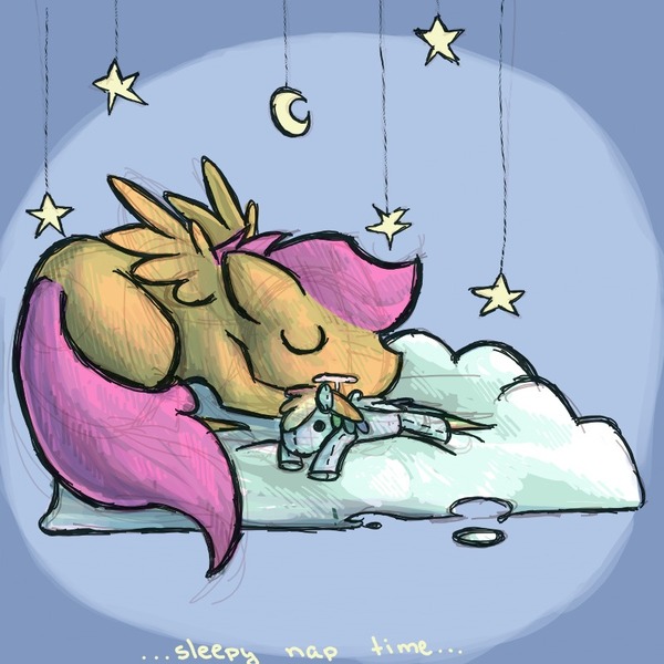 Size: 800x800 | Tagged: artist:feathersandink, cloud, derpibooru import, moon, plushie, rainbow dash, safe, scootaloo, sleeping, stars