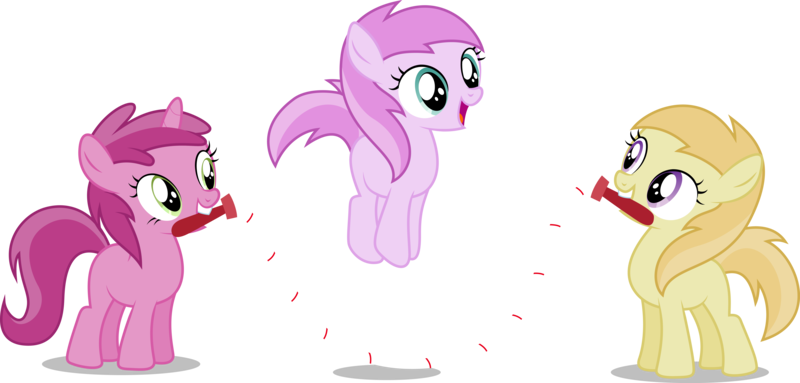 Size: 8191x3920 | Tagged: safe, artist:djdavid98, derpibooru import, noi, piña colada, ruby pinch, earth pony, pony, lesson zero, .ai available, .svg available, absurd resolution, background pony, female, filly, foal, jumping, mouth hold, piña cutelada, simple background, smiling, transparent background, trio, vector