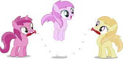 Size: 8191x3920 | Tagged: safe, artist:djdavid98, derpibooru import, noi, piña colada, ruby pinch, earth pony, pony, lesson zero, .ai available, .svg available, absurd resolution, background pony, female, filly, foal, jumping, mouth hold, piña cutelada, simple background, smiling, transparent background, trio, vector