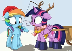 Size: 900x636 | Tagged: dead source, safe, artist:mistydash, derpibooru import, rainbow dash, twilight sparkle, twilight sparkle (alicorn), alicorn, pony, reindeer, antlers, bells, boots, cart, clothes, eating, female, floppy ears, hat, holly, holly mistaken for mistletoe, horses doing horse things, mare, nom, nose wrinkle, santa hat, scarf, this will end in tears and/or death