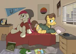 Size: 2904x2050 | Tagged: album cover, american football (band), artist:rapidstrike, backpack, beanie, bed, blinds, blink 182, caramel, clock, clothes, derpibooru import, digital clock, hat, hipster, music, neutral milk hotel, pillow, radiohead, room, roseluck, safe, tycho