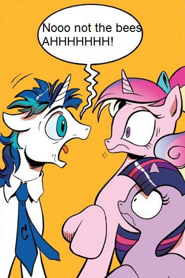 Size: 365x549 | Tagged: safe, derpibooru import, princess cadance, shining armor, twilight sparkle, alicorn, unicorn, spoiler:comic, exploitable meme, eye contact, female, filly, floppy ears, frown, looking at each other, male, mare, meme, nicolas cage, not the bees, open mouth, ponytail, raised hoof, screaming armor, simple background, speech bubble, stallion, the wicker man, tongue out, wide eyes, yellow background