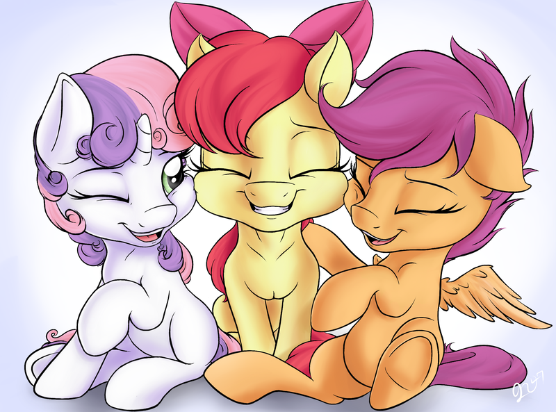 Size: 2700x2000 | Tagged: safe, artist:nobody47, derpibooru import, apple bloom, scootaloo, sweetie belle, earth pony, pegasus, pony, unicorn, adorabloom, bow, cute, cutealoo, cutie mark crusaders, diasweetes, eyes closed, female, filly, hair bow, laughing, one eye closed, open mouth, smiling, underhoof