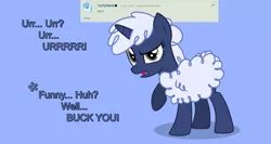 Size: 1650x880 | Tagged: safe, artist:estories, derpibooru import, oc, oc:curly mane, oc:silverlay, unofficial characters only, pony, sheep pony, unicorn, deviantart, dialogue, simple background, unamused, vector