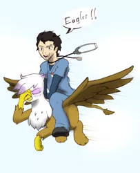 Size: 1276x1568 | Tagged: safe, artist:i am nude, derpibooru import, gilda, gryphon, human, embarrassed, facepalm, flying, happy, humans riding griffons, john dorian, scrubs, zach braff