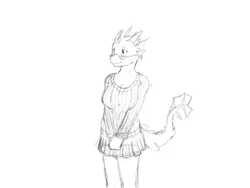 Size: 1600x1200 | Tagged: anthro, artist:ironnails, barely pony related, breasts, clothes, cute, derpibooru import, dragon, female, monochrome, oc, oc:saga the dragon, safe, sweater, unofficial characters only