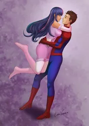 Size: 842x1191 | Tagged: amethyst sorceress, artist:kermad, crossover, crossover shipping, derpibooru import, embrace, hug, human, humanized, peter parker, safe, shipping, spider-man, spiders and magic: rise of spider-mane, spidertwi, superhero, twilight sparkle