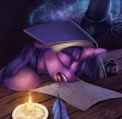 Size: 1200x1173 | Tagged: safe, artist:tsitra360, derpibooru import, princess luna, twilight sparkle, alicorn, pony, unicorn, adorkable, book, book on head, candle, cute, desk, desktop, dork, drool, duo, english, eyes closed, feather, female, fire, floppy ears, indoors, ink, inkwell, letter, lying, mare, night, open mouth, paper, quill, report, research, sitting, sleeping, solo focus, standing, table, teeth, text, tongue out, workaholic
