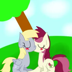 Size: 999x999 | Tagged: safe, artist:mmdfantage, derpibooru import, derpy hooves, roseluck, pegasus, pony, blushing, derpyluck, eyes closed, female, kissing, lesbian, mare, shipping, sitting, sky, tree