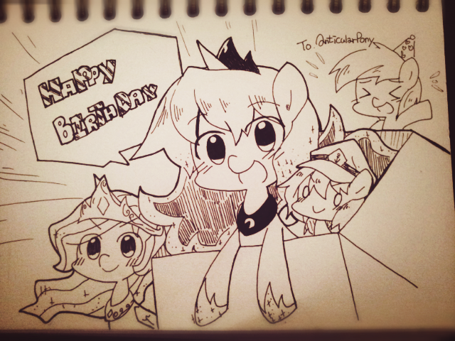 Size: 640x480 | Tagged: artist:gyaheung, ask sunshine and moonbeams, birthday, blushing, derpibooru import, monochrome, oc, oc:anticular pony, oc:gyaheung, open mouth, princess celestia, princess luna, safe, smiling, traditional art, xd