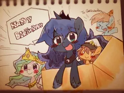 Size: 640x480 | Tagged: artist:gyaheung, ask sunshine and moonbeams, birthday, blushing, derpibooru import, oc, oc:anticular pony, oc:gyaheung, open mouth, princess celestia, princess luna, safe, smiling, traditional art, xd