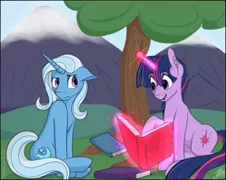 Size: 1024x819 | Tagged: safe, artist:tlatophat, derpibooru import, trixie, twilight sparkle, pony, unicorn, book, female, lesbian, mare, shipping, twixie