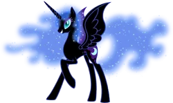 Size: 8197x4872 | Tagged: absurd resolution, artist:moongazeponies, derpibooru import, grin, missing accessory, nightmare moon, no armor, raised hoof, safe, simple background, smiling, solo, spread wings, transparent background, vector
