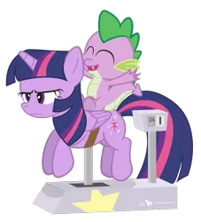 Size: 750x825 | Tagged: safe, artist:dm29, derpibooru import, spike, twilight sparkle, twilight sparkle (alicorn), alicorn, dragon, pony, dragons riding ponies, duo, female, horse riding, mare, riding, simple background, transparent background, twilight is not amused, unamused