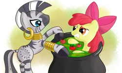 Size: 1500x900 | Tagged: safe, artist:nuclearsuplexattack, derpibooru import, apple bloom, zecora, earth pony, pony, zebra, apple, applebuse, cauldron, female, filly, food, pony as food, soup, worried