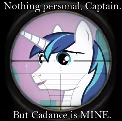 Size: 687x684 | Tagged: semi-grimdark, derpibooru import, princess cadance, shining armor, pony, unicorn, betrayal, gun, implied murder, photoshop, poe's law, pov, scope, sniper, solo