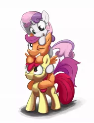 Size: 768x1013 | Tagged: apple bloom, artist:jayzonsketch, cutie mark crusaders, derpibooru import, ponies riding ponies, pony pile, safe, scootaloo, sweetie belle, tower of pony