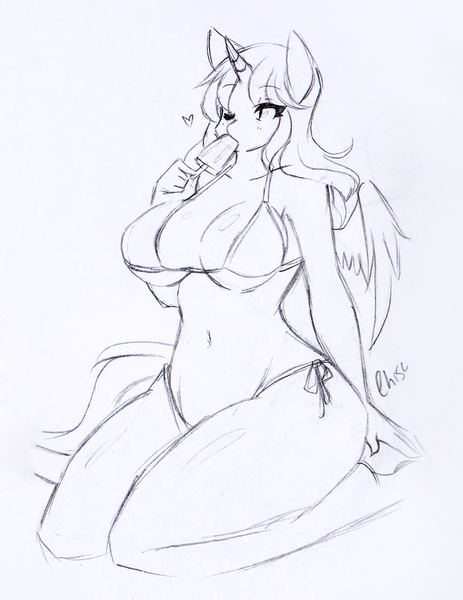 Size: 1143x1482 | Tagged: anthro, artist:re-sublimity-kun, bikini, breasts, clothes, derpibooru import, ice cream, monochrome, oc, oc:ticket, suggestive, swimsuit, titcket, unofficial characters only, wide hips