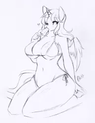 Size: 1143x1482 | Tagged: anthro, artist:re-sublimity-kun, bikini, breasts, clothes, derpibooru import, ice cream, monochrome, oc, oc:ticket, suggestive, swimsuit, titcket, unofficial characters only, wide hips