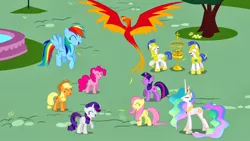 Size: 1280x720 | Tagged: safe, derpibooru import, screencap, applejack, fluttershy, philomena, pinkie pie, princess celestia, rainbow dash, rarity, twilight sparkle, alicorn, bird, earth pony, pegasus, phoenix, pony, unicorn, a bird in the hoof, bird cage, ethereal mane, eyes closed, female, flying, laughing, male, mane six, mare, royal guard, spread wings, stallion, unicorn twilight, wings