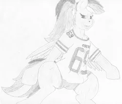 Size: 2945x2495 | Tagged: alternate hairstyle, artist:bigmacintosh2000, bedroom eyes, boyshorts, clothes, derpibooru import, female, indianapolis colts, jersey, looking at you, monochrome, nfl, panties, ponytail, rainbow dash, solo, solo female, suggestive, traditional art, underwear