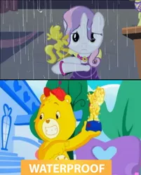 Size: 776x967 | Tagged: safe, derpibooru import, sweetie belle, for whom the sweetie belle toils, care bears, care bears adventures of care a lot, comparison, funshine bear, happy, sad, statue