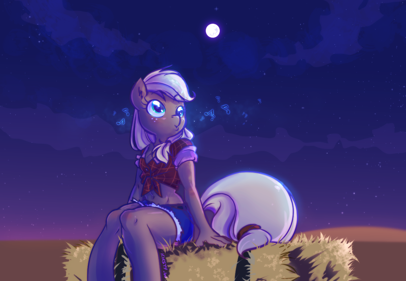 Size: 1164x806 | Tagged: anthro, applejack, artist:kelsea-chan, belly button, clothes, daisy dukes, derpibooru import, front knot midriff, hay bale, midriff, moon, safe, shirt, solo, whistling