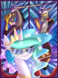 Size: 1700x2288 | Tagged: safe, artist:falleninthedark, derpibooru import, discord, princess celestia, alicorn, draconequus, pony, adorasexy, body pillow, body pillow design, crown, cute, denied, discute, dislestia, female, flower in mouth, glasses, jewelry, licking lips, lip bite, male, mare, regalia, rose, rose in mouth, sexy, shipping, signature, straight, stupid sexy discord, text, trollestia
