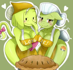 Size: 1542x1473 | Tagged: adventure time, almost nude, anthro, apron, artist:ss2sonic, breasts, busty granny smith, cleavage, clothes, cougar, crossover, derpibooru import, female, gilf, granny smith, heart, milf, naked apron, nudity, pie, suggestive, tree trunks