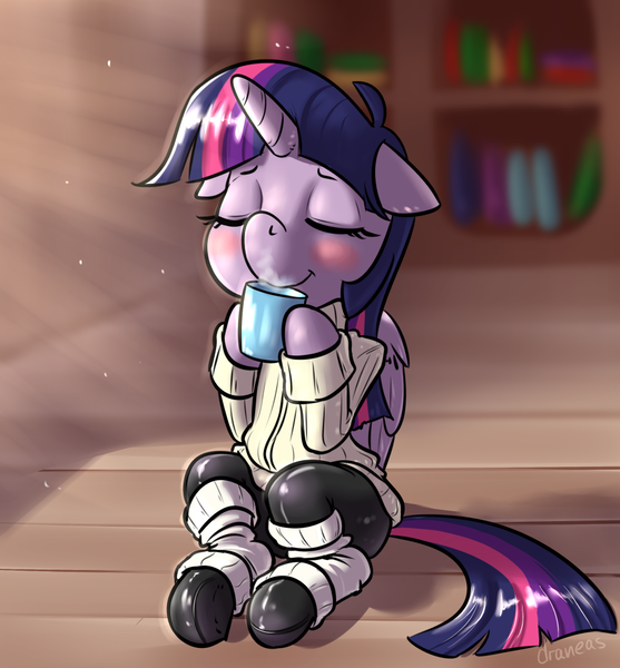 Size: 924x996 | Tagged: safe, artist:draneas, derpibooru import, twilight sparkle, twilight sparkle (alicorn), alicorn, pony, blushing, casual latex, clothes, cup, drinking, female, floppy ears, folded wings, image, latex, latex socks, latex under clothes, leg warmers, leggings, mare, mug, pantyhose, png, sitting, socks, solo, sweater, tights, wings