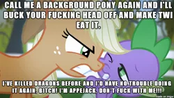 Size: 610x343 | Tagged: angry, applejack, background pony, background pony applejack, bats!, derpibooru import, duo, edit, edited screencap, image macro, meme, old joke, screencap, semi-grimdark, spike, spikeabuse, vulgar