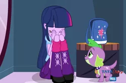 Size: 1412x930 | Tagged: safe, derpibooru import, screencap, spike, twilight sparkle, dog, equestria girls, clothes, hindi, india, skirt, spike the dog, tamil, tata sky, television, telugu, upskirt denied