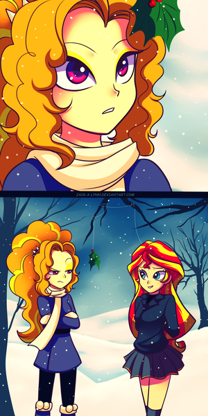 Size: 2222x4444 | Tagged: safe, artist:jacky-bunny, derpibooru import, adagio dazzle, sunset shimmer, equestria girls, rainbow rocks, clothes, comic, female, holly, holly mistaken for mistletoe, lesbian, shipping, skirt, snow, sunsagio, winter