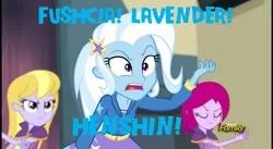 Size: 1241x682 | Tagged: safe, derpibooru import, edit, screencap, fuchsia blush, lavender lace, trixie, equestria girls, rainbow rocks, background human, blue text, henshin, image macro, kamen rider, meme, misspelling, trixie yells at everything