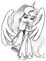 Size: 2264x3020 | Tagged: safe, artist:uminanimu, derpibooru import, princess luna, :3, looking at you, looking down, monochrome, raised hoof, smiling, solo, spread wings