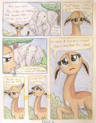 Size: 792x1009 | Tagged: animal in mlp form, antelope, artist:thefriendlyelephant, big ears, big eyes, bush, comic:friends of all sizes, cute, derpibooru import, duo, elephant, floppy ears, frown, gerenuk, looking down, looking up, oc, oc:nuk, oc:obi, raised hoof, sad, safe, sky, traditional art, tree, unofficial characters only, worried