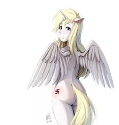 Size: 872x915 | Tagged: alicorn, alicorn oc, anthro, artist:lui-ra, ass, back, blushing, derpibooru import, eared humanization, female, floppy ears, heart, horned humanization, human, humanized, looking at you, looking back, nazi, nudity, oc, oc:aryanne, pony coloring, simple background, smiling, solo, solo female, spread wings, suggestive, swastika, tailed humanization, unofficial characters only, white background, winged humanization, wings